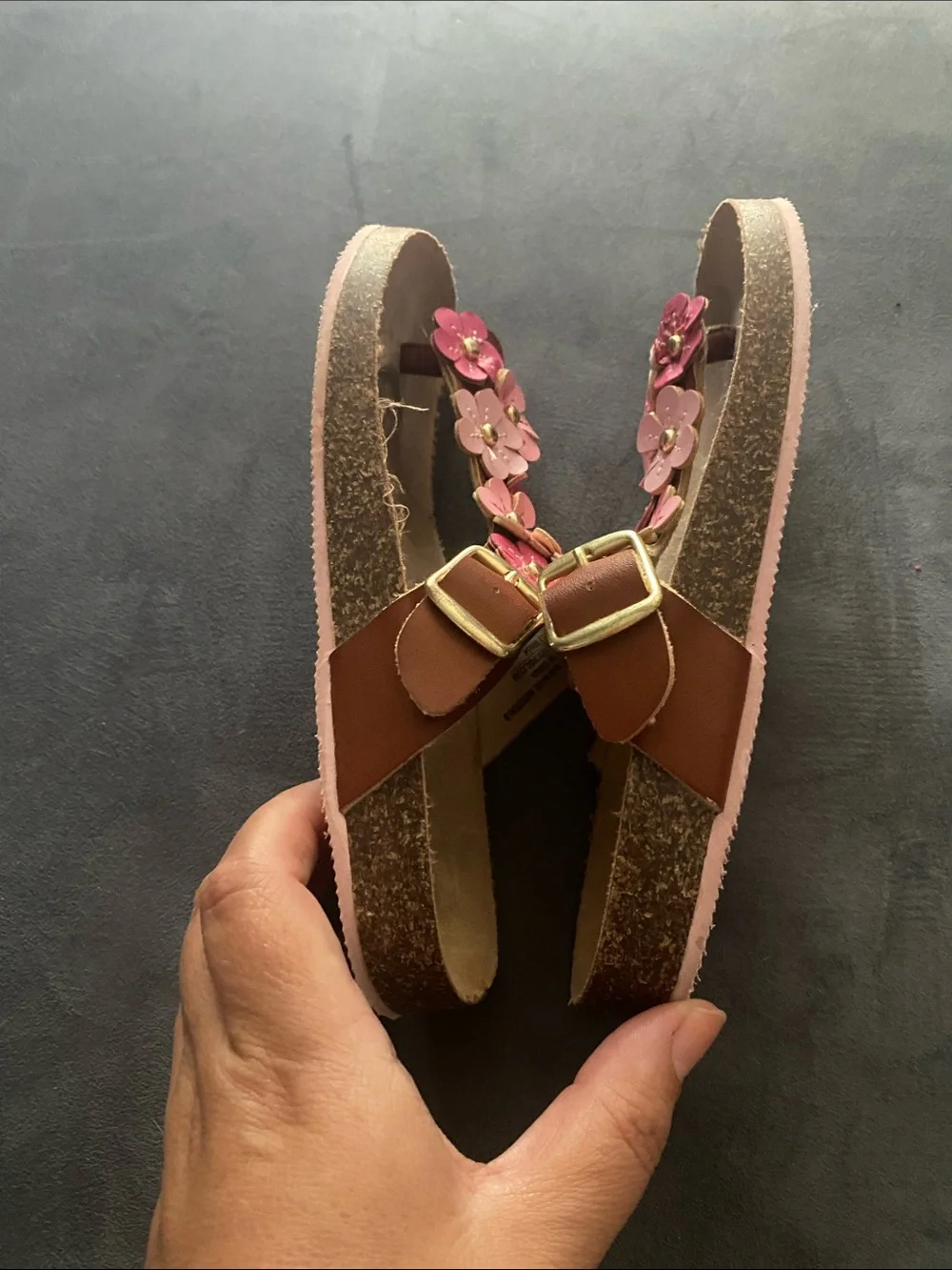 Seychelles Brown Sandals with Pink Floral Accents. Kids size 1. Good condition.